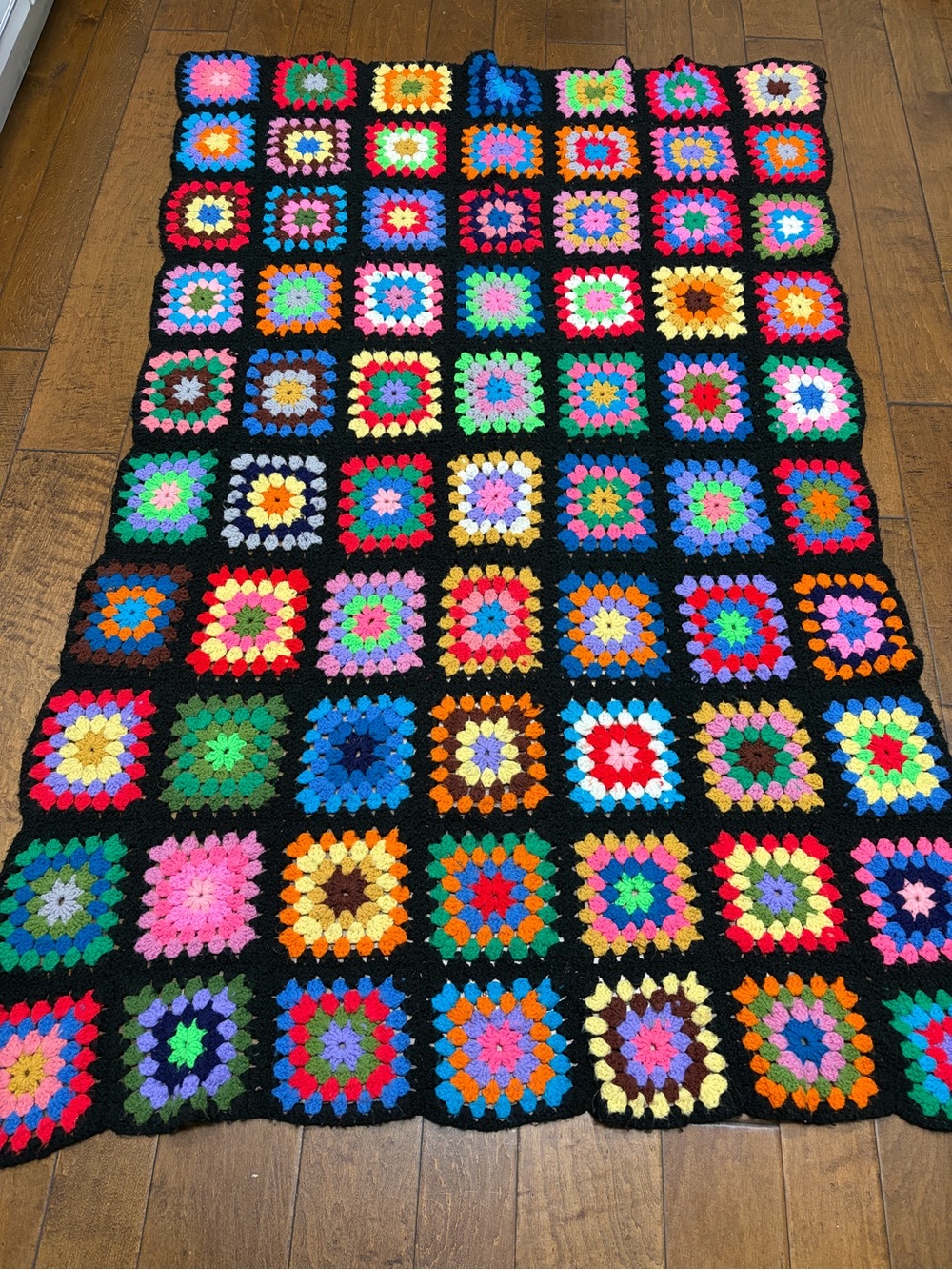 Vintage Handmade Multicolor Granny Square Throw with Black Border